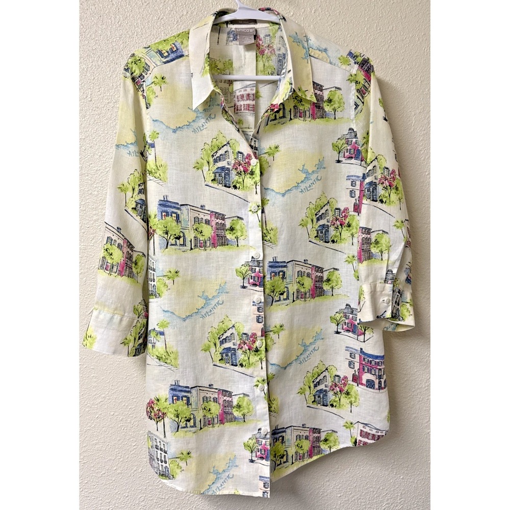 Chicos 100%‎ Linen Top No Iron Atlantic Buildings Travel Blouse Career Nautical